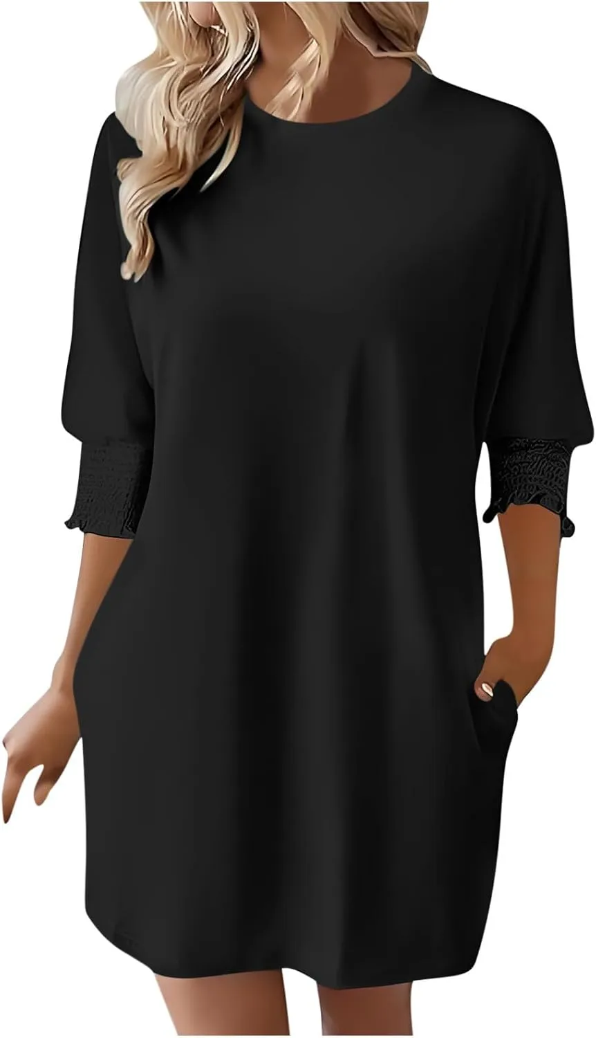 Womens Dresses 2025 Spring 3/4 Sleeve Fashion Dresses Crewneck Casual Mini Dress with Pockets Trendy Summer Outfits