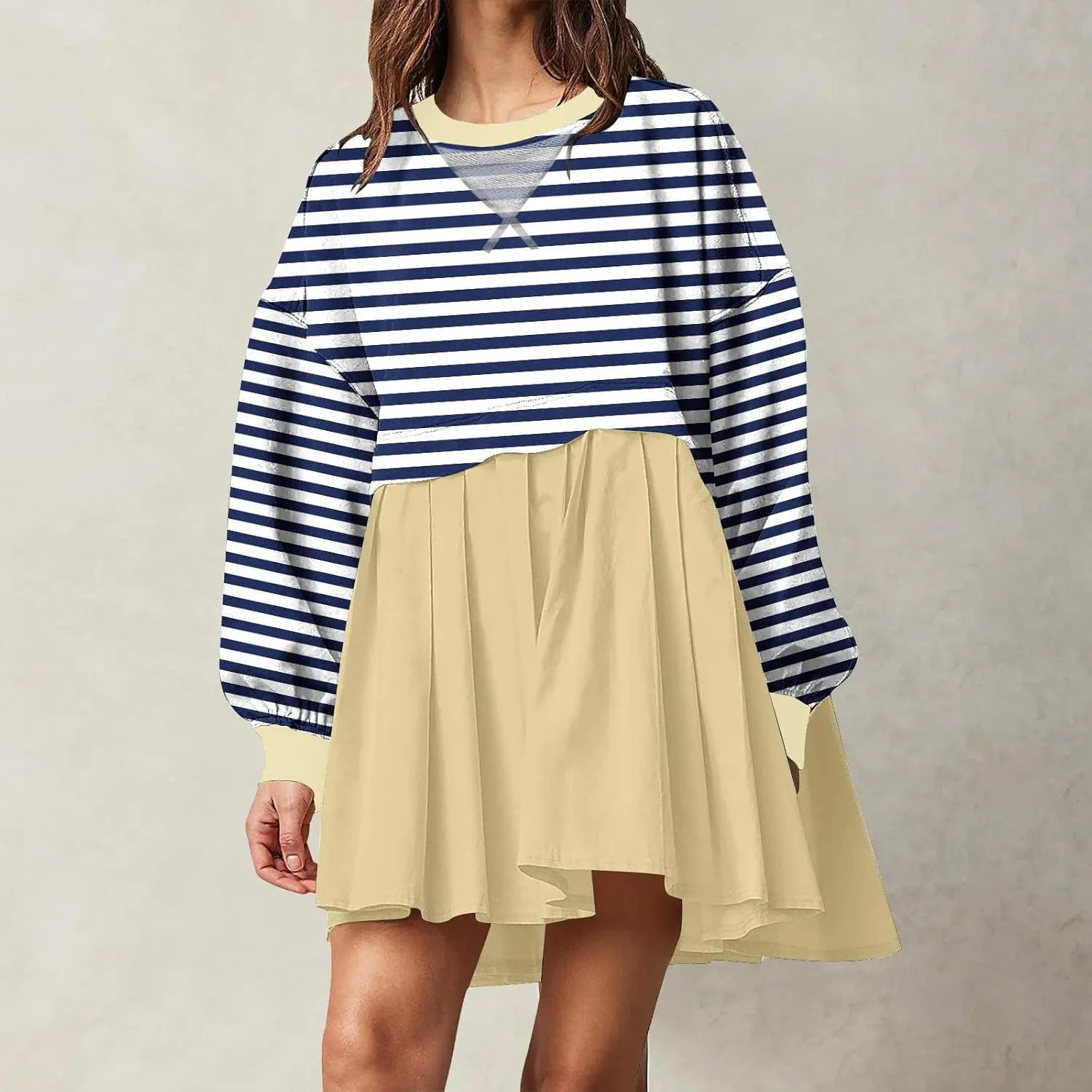 Women's Dresses Casual Oversized Sweatshirts Long Sleeve Crewneck Patchwork Pleated Pullover Mini Dress Fall Dress