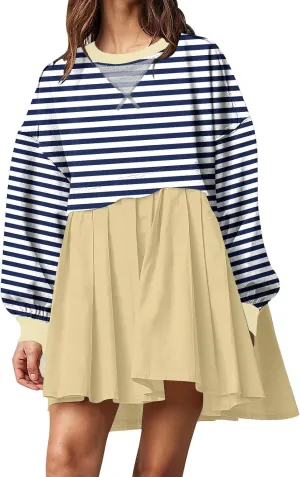 Women's Dresses Casual Oversized Sweatshirts Long Sleeve Crewneck Patchwork Pleated Pullover Mini Dress Fall Dress