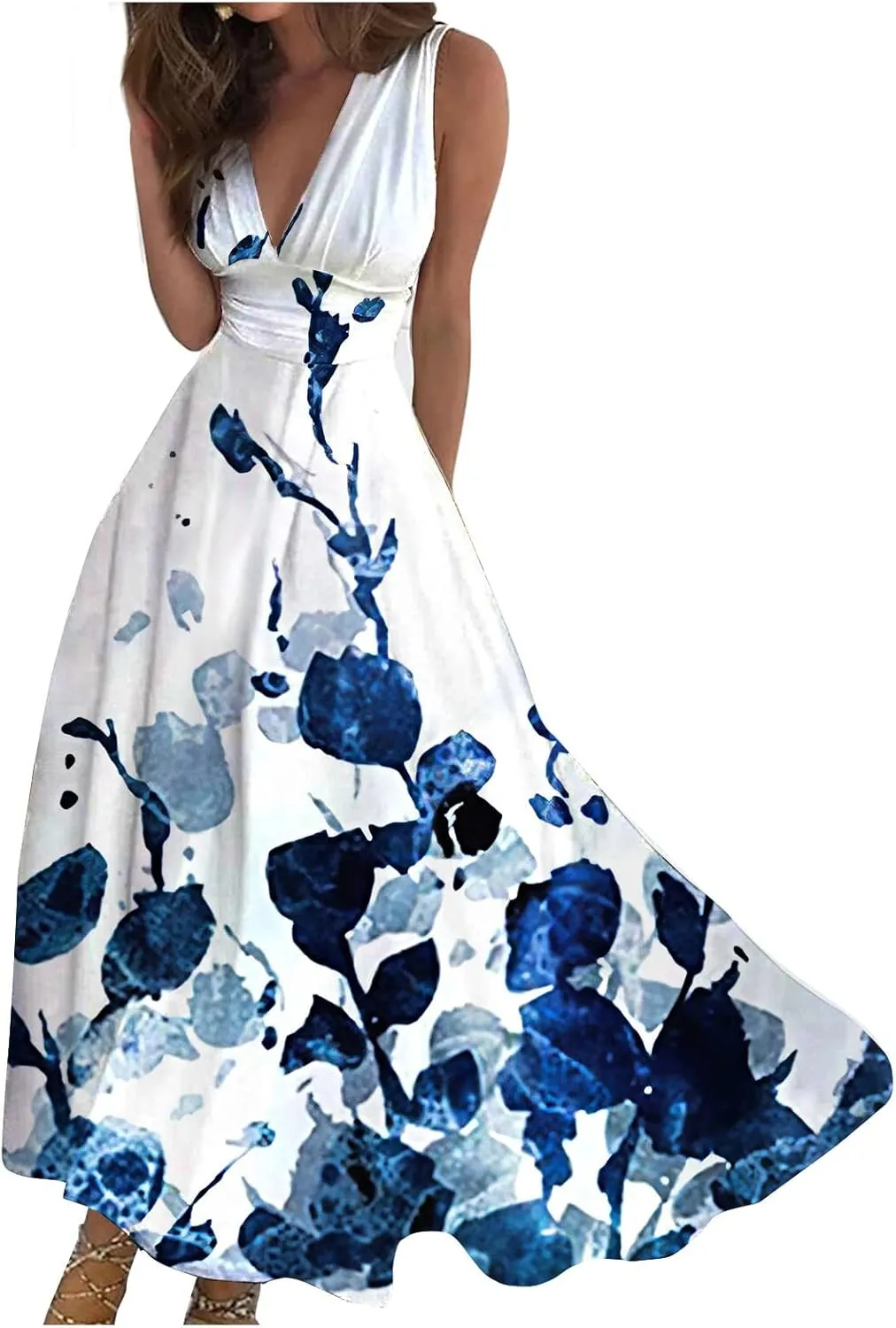 Womens Dresses Sleeveless Flowy Ruched Maxi Dress Wrap V Neck Floral Print Beach Dresses Trendy Sundresses