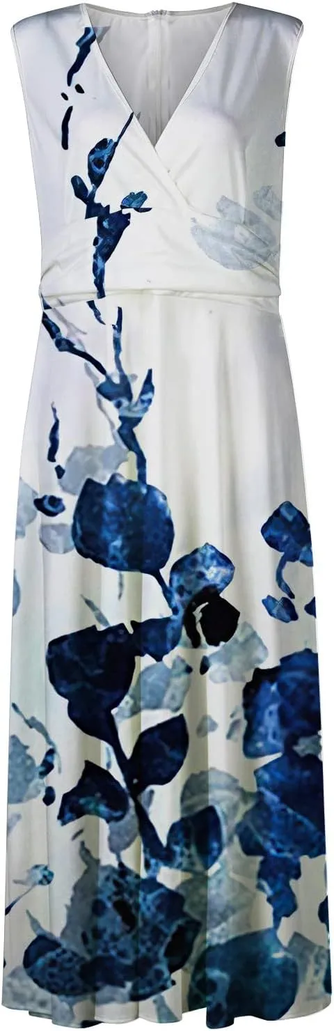 Womens Dresses Sleeveless Flowy Ruched Maxi Dress Wrap V Neck Floral Print Beach Dresses Trendy Sundresses