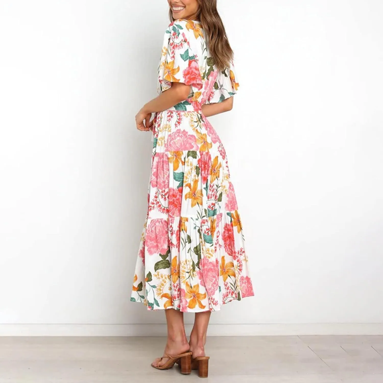 Womens Dresses V Neck Ruffle Sleeve Ankle Length Gowns Flowy Pleated Swing Wrap Boho Beach Dress