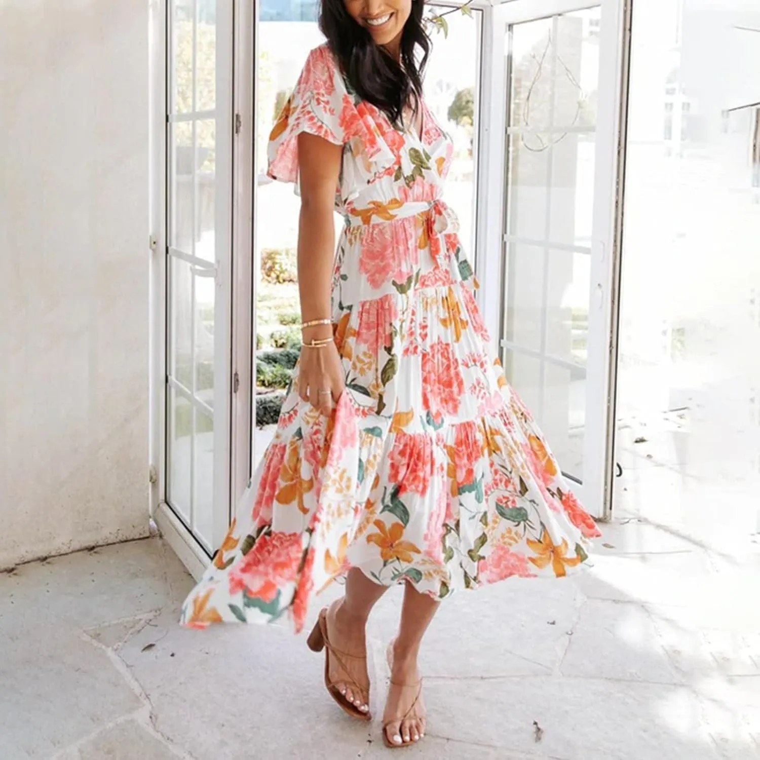 Womens Dresses V Neck Ruffle Sleeve Ankle Length Gowns Flowy Pleated Swing Wrap Boho Beach Dress