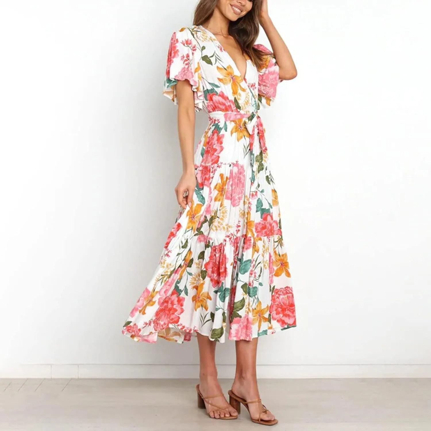 Womens Dresses V Neck Ruffle Sleeve Ankle Length Gowns Flowy Pleated Swing Wrap Boho Beach Dress