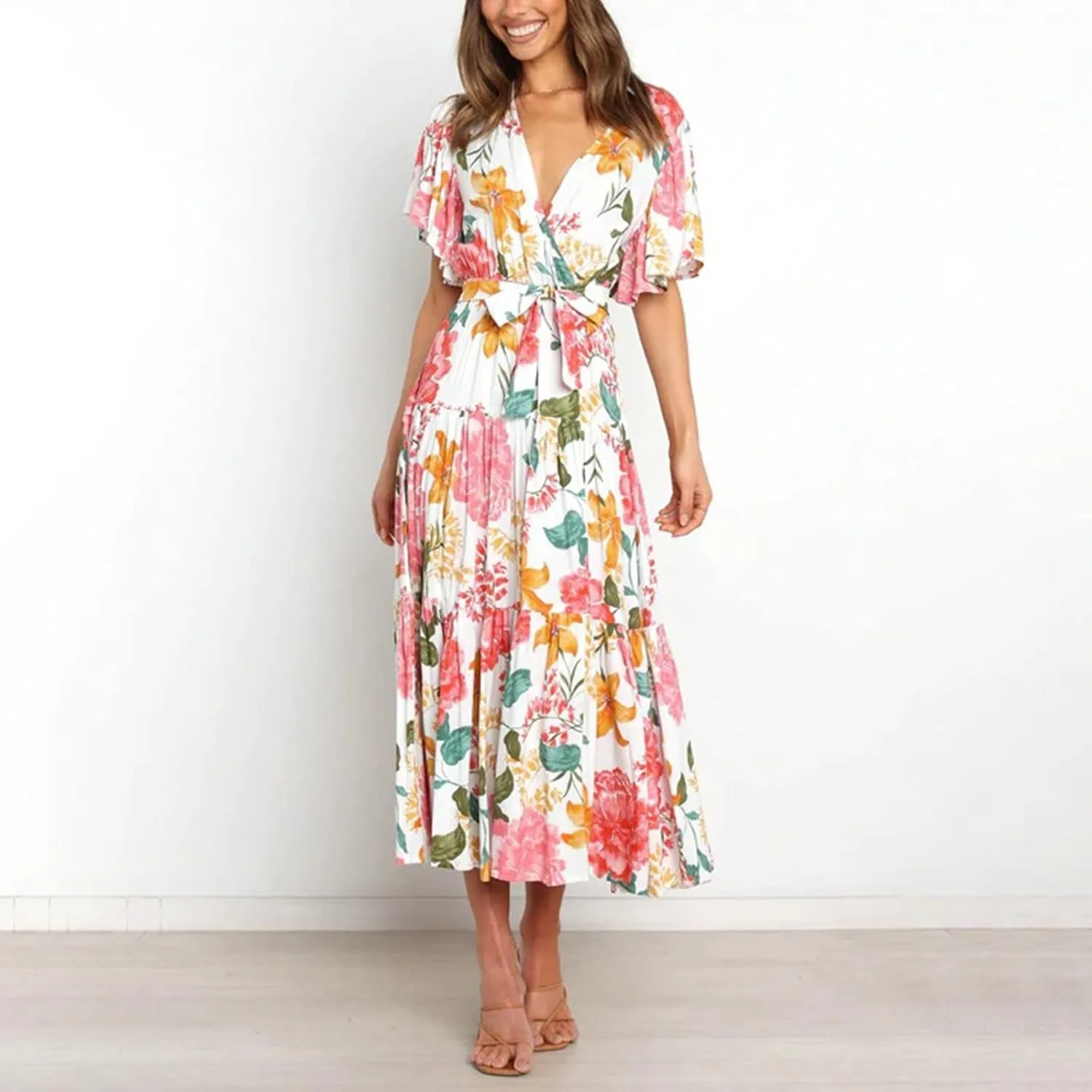Womens Dresses V Neck Ruffle Sleeve Ankle Length Gowns Flowy Pleated Swing Wrap Boho Beach Dress