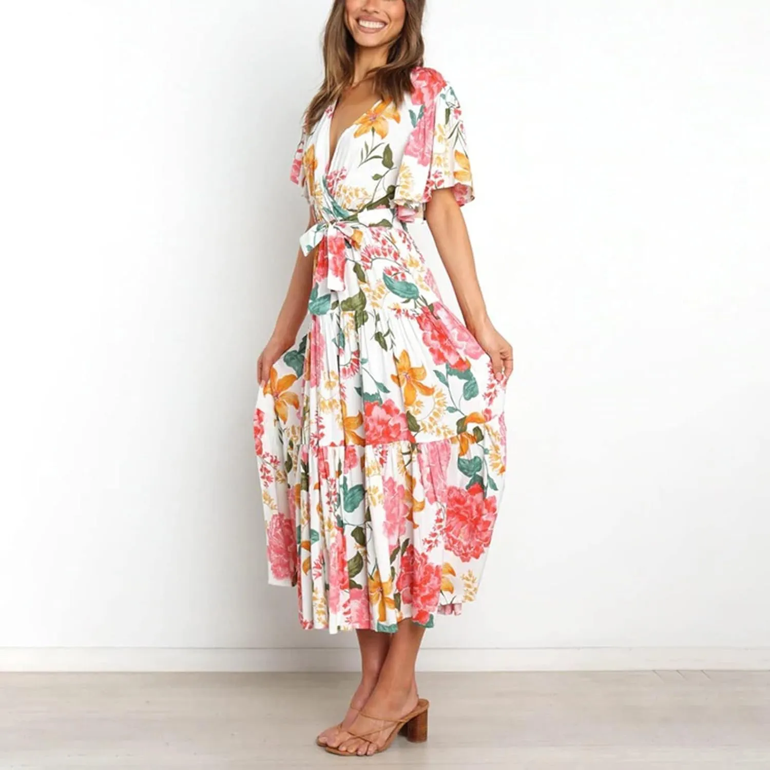 Womens Dresses V Neck Ruffle Sleeve Ankle Length Gowns Flowy Pleated Swing Wrap Boho Beach Dress