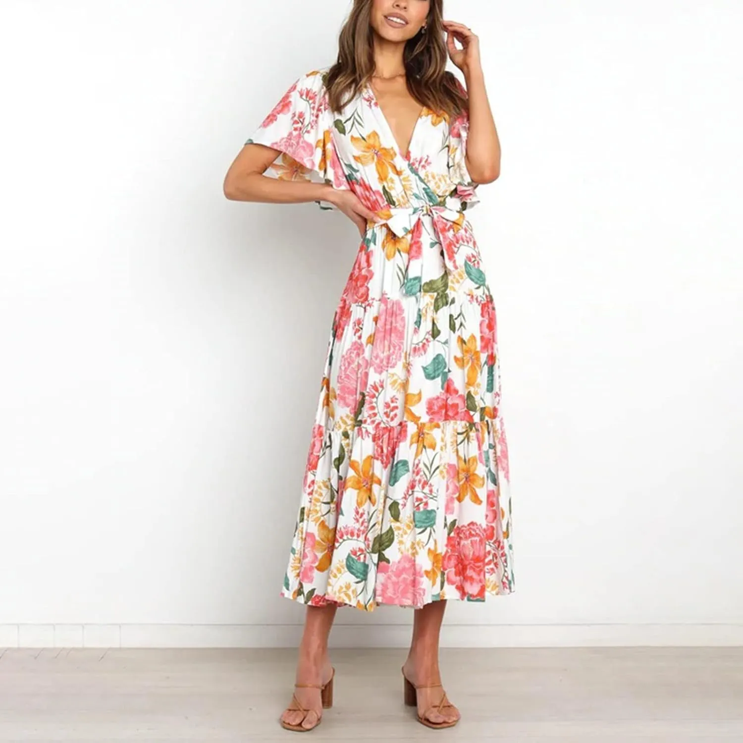 Womens Dresses V Neck Ruffle Sleeve Ankle Length Gowns Flowy Pleated Swing Wrap Boho Beach Dress