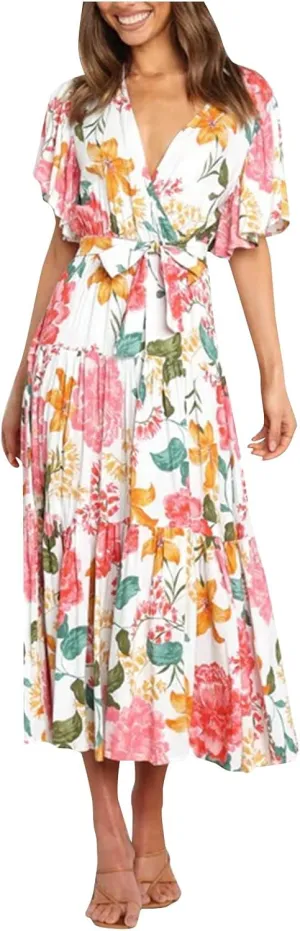 Womens Dresses V Neck Ruffle Sleeve Ankle Length Gowns Flowy Pleated Swing Wrap Boho Beach Dress