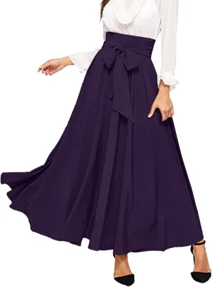 Women's Elegant High Waist Skirt Casual Solid Color Pleated Long Skirt Tie Front Ankle Length Maxi Skirts