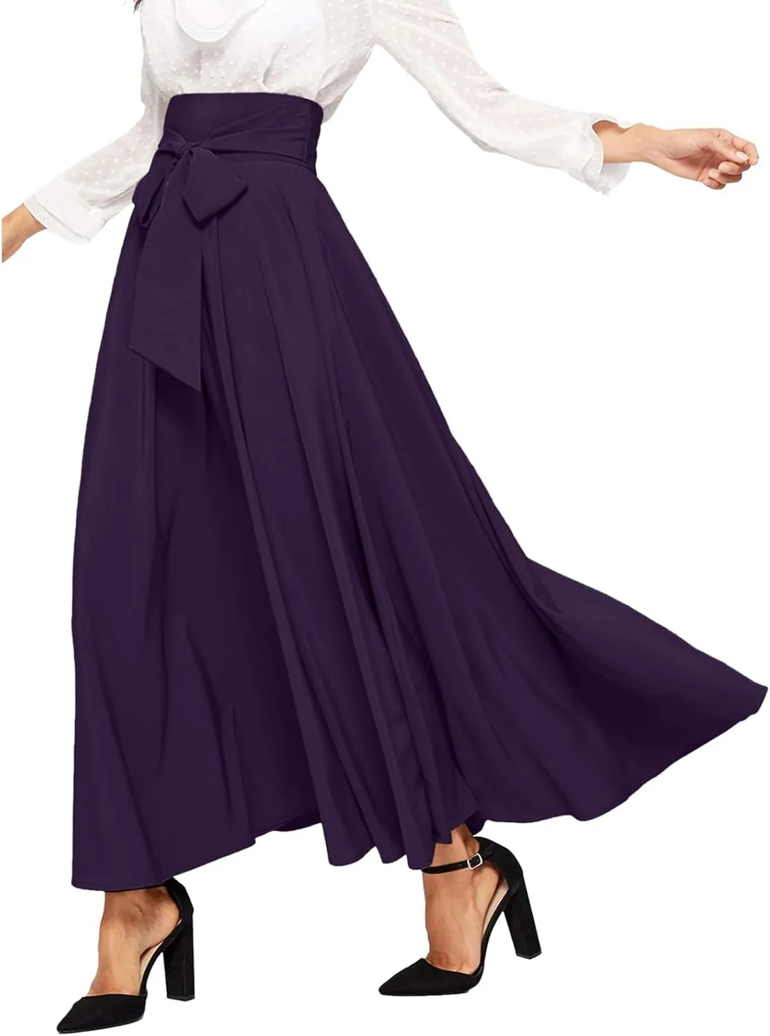 Women's Elegant High Waist Skirt Casual Solid Color Pleated Long Skirt Tie Front Ankle Length Maxi Skirts