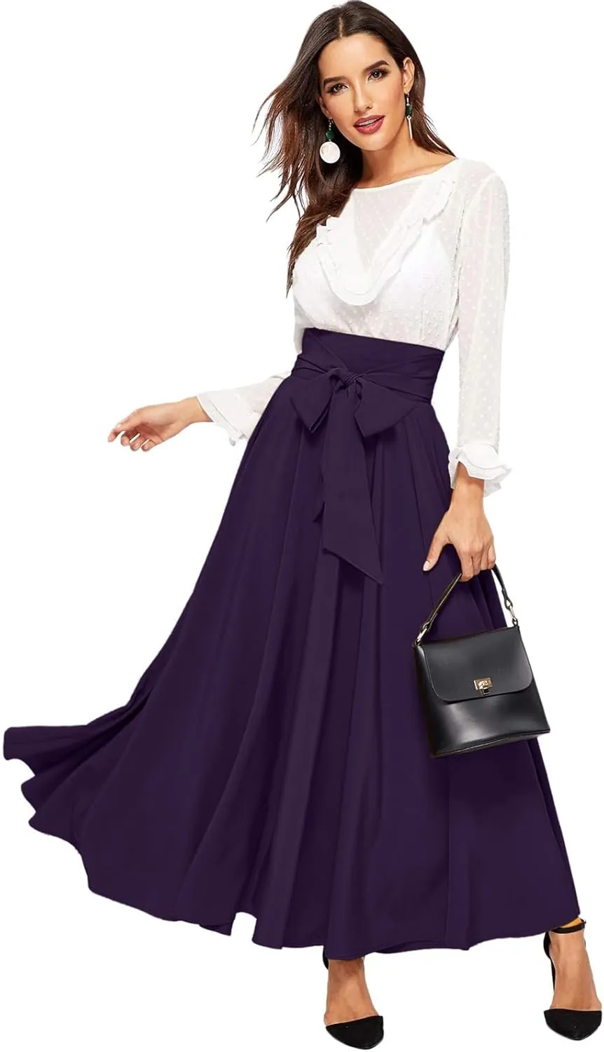 Women's Elegant High Waist Skirt Casual Solid Color Pleated Long Skirt Tie Front Ankle Length Maxi Skirts