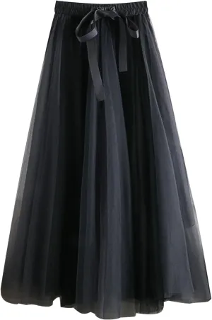 Women's Elegant Tulle Skirts Color Blocking Pleated Flowy Skirt Bow High Waist Ankle Length Midi Skirt
