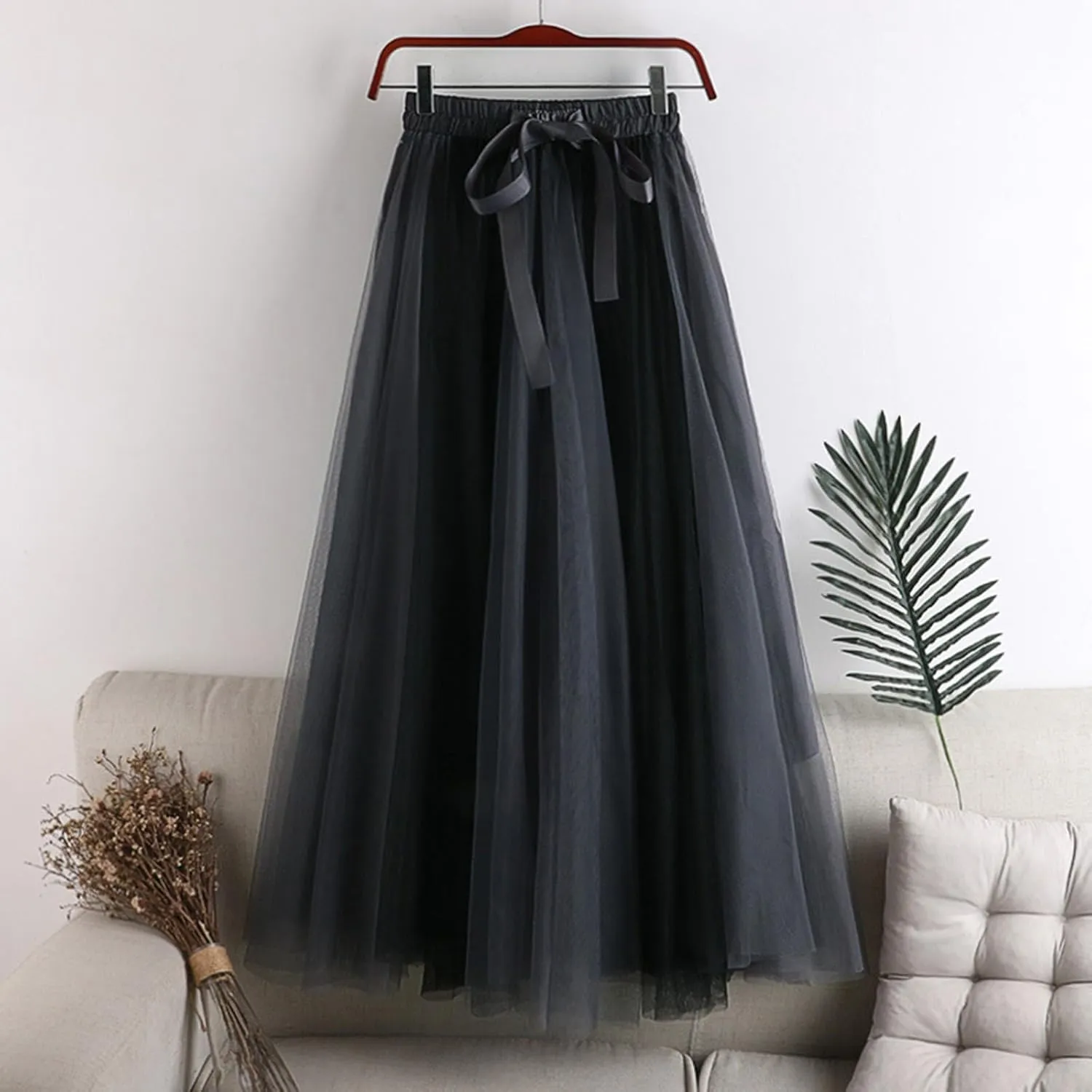 Women's Elegant Tulle Skirts Color Blocking Pleated Flowy Skirt Bow High Waist Ankle Length Midi Skirt