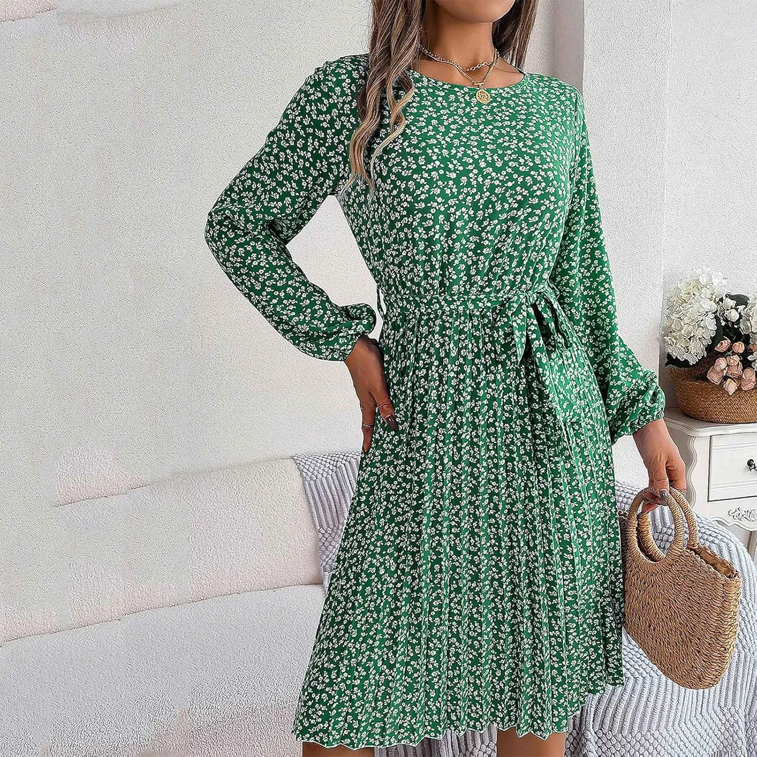 Womens Fall Dresses 2024 Plus Size Elegant Swiss Dot Long Sleeve Dress Flowy Swing Hem Elastic Waist Midi Dress