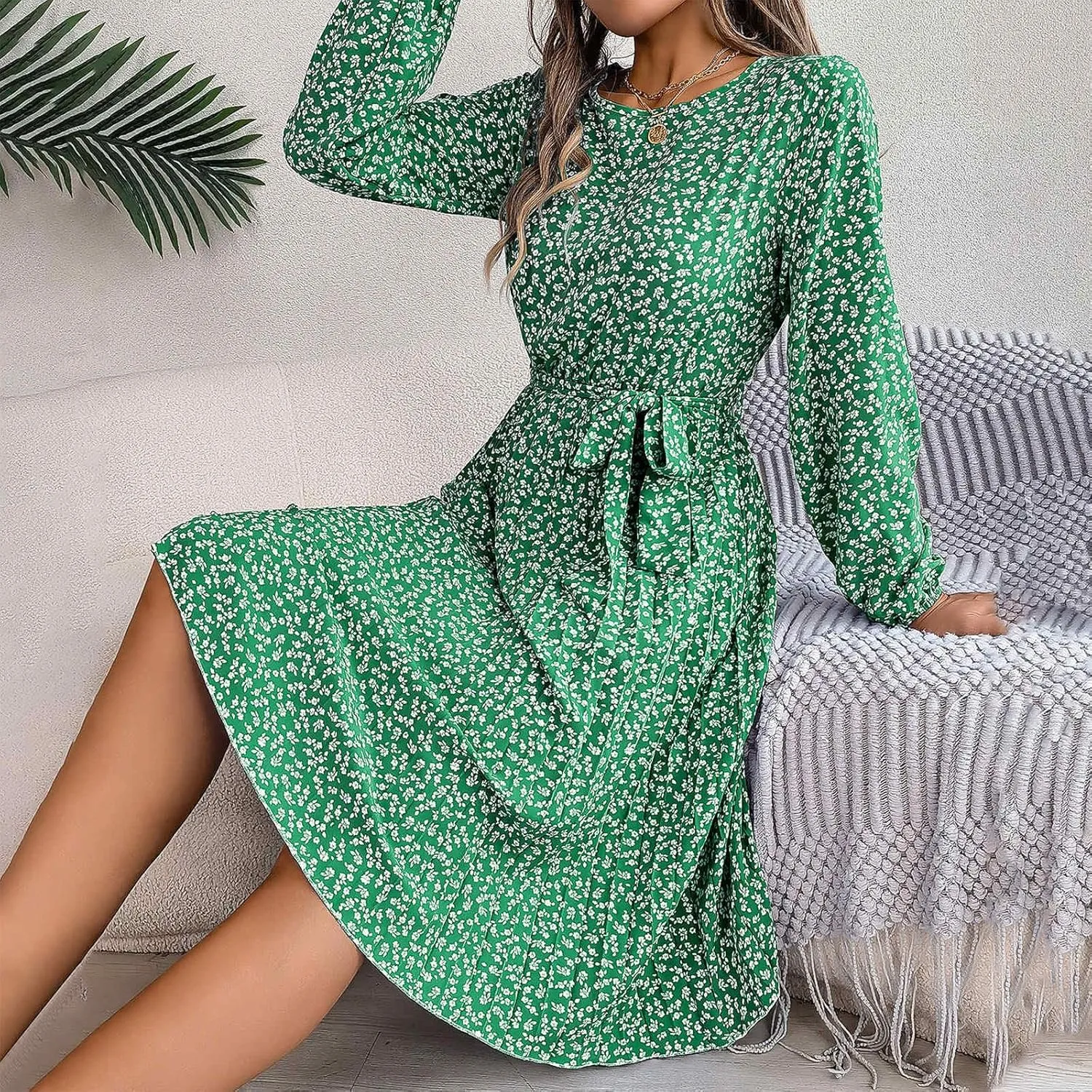 Womens Fall Dresses 2024 Plus Size Elegant Swiss Dot Long Sleeve Dress Flowy Swing Hem Elastic Waist Midi Dress