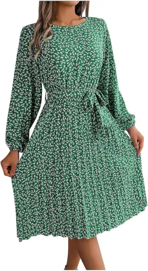 Womens Fall Dresses 2024 Plus Size Elegant Swiss Dot Long Sleeve Dress Flowy Swing Hem Elastic Waist Midi Dress