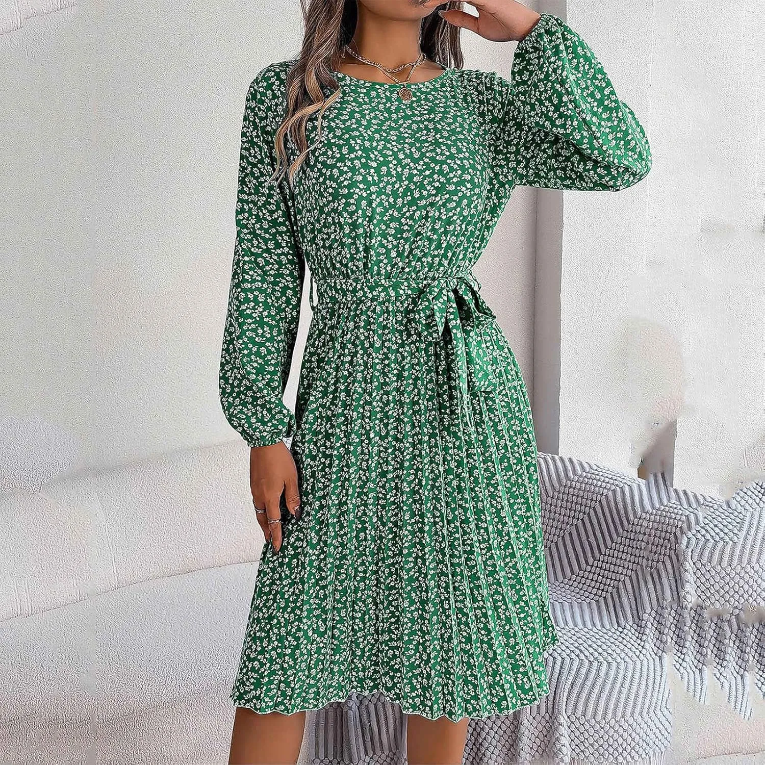 Womens Fall Dresses 2024 Plus Size Elegant Swiss Dot Long Sleeve Dress Flowy Swing Hem Elastic Waist Midi Dress