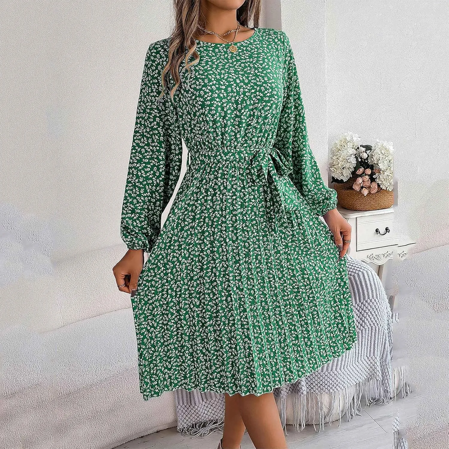 Womens Fall Dresses 2024 Plus Size Elegant Swiss Dot Long Sleeve Dress Flowy Swing Hem Elastic Waist Midi Dress