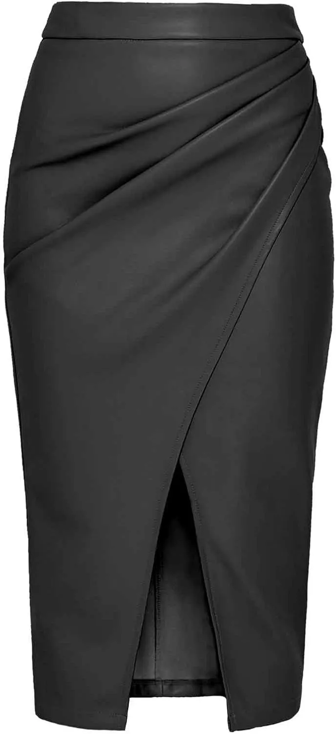 Women's Faux Leather Midi Skirt High Waisted Wrap Ruched Bodycon Work Business Long Skirts Pencil Dress