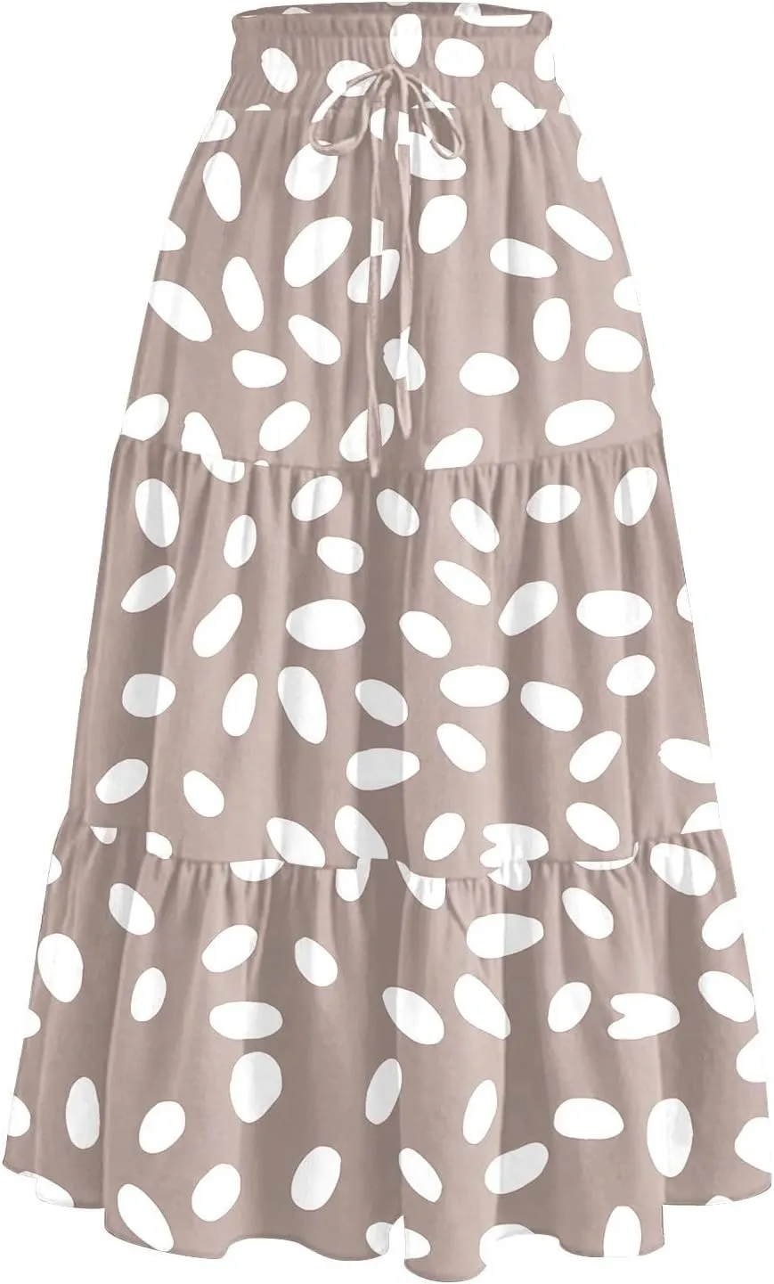 Women's Floral Boho Summer Spring Long Elastic High Waist Printed A Line Flowy Casual Flared Maxi Skirts with Pockets