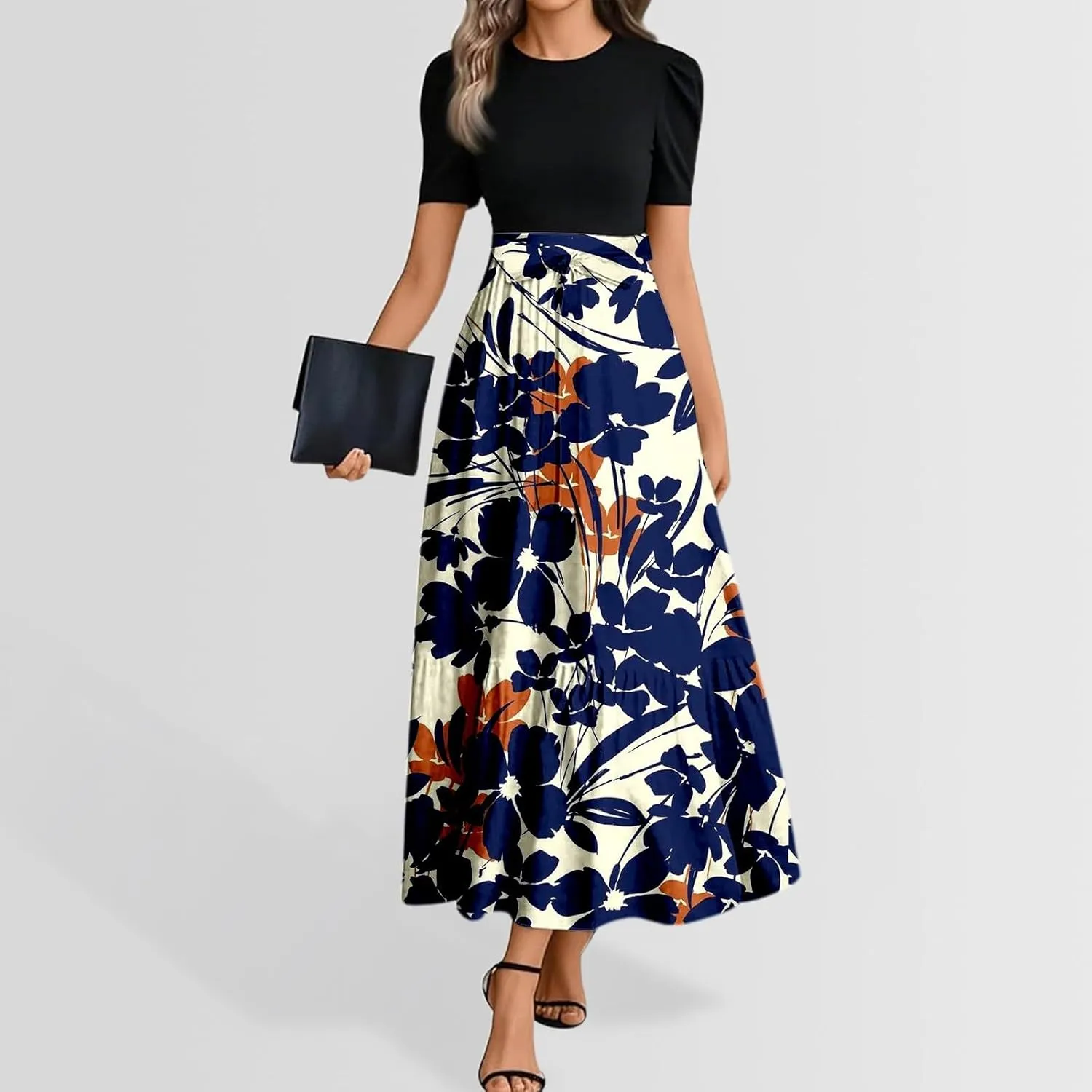 Womens Floral Print Long Dresses Elegant Boho Tie Belted Sundress Patchwork Empire Waist Short Sleeve Flowy Maxi Dress