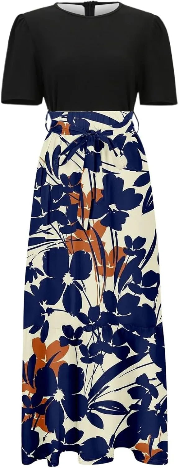 Womens Floral Print Long Dresses Elegant Boho Tie Belted Sundress Patchwork Empire Waist Short Sleeve Flowy Maxi Dress