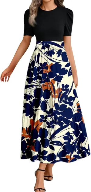 Womens Floral Print Long Dresses Elegant Boho Tie Belted Sundress Patchwork Empire Waist Short Sleeve Flowy Maxi Dress