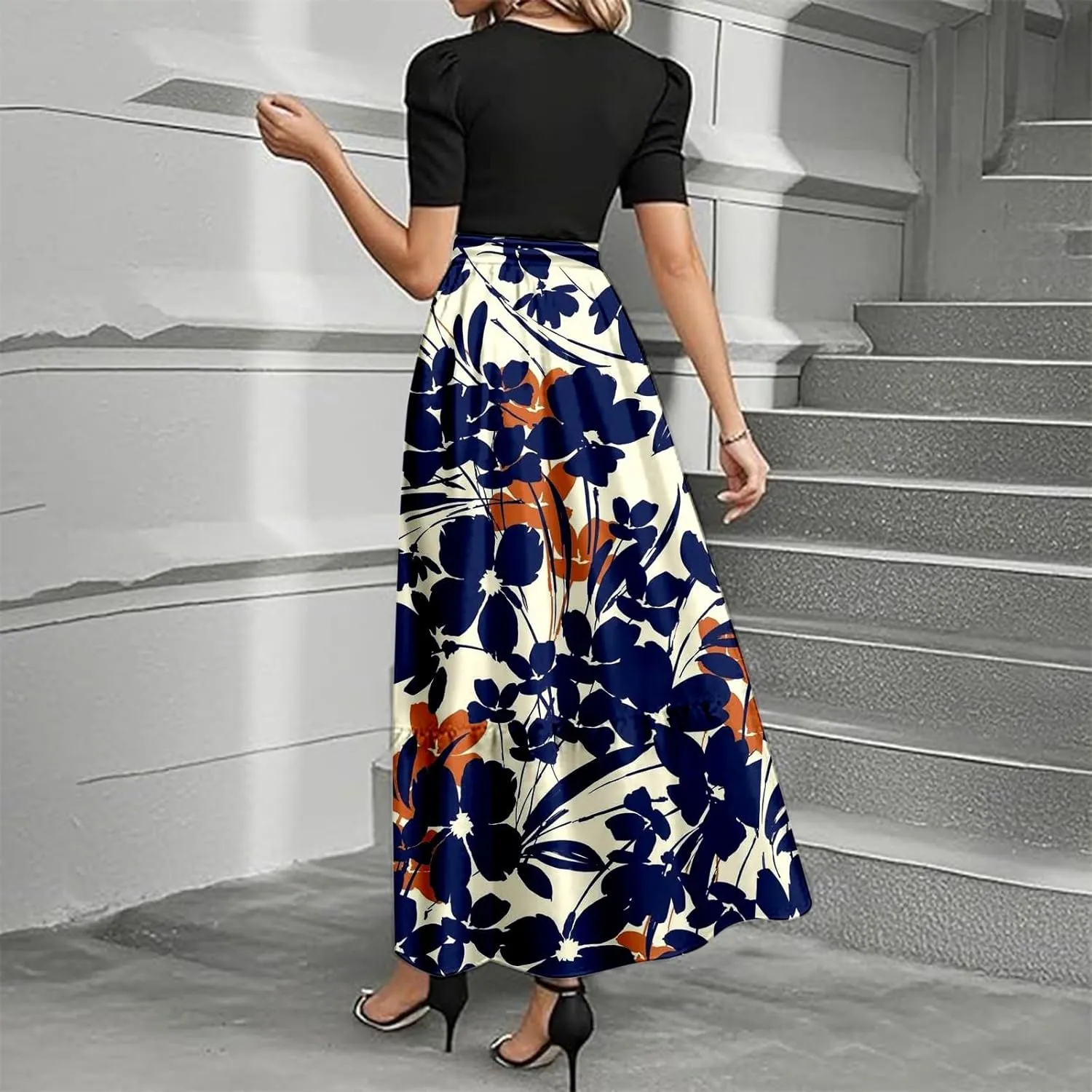 Womens Floral Print Long Dresses Elegant Boho Tie Belted Sundress Patchwork Empire Waist Short Sleeve Flowy Maxi Dress