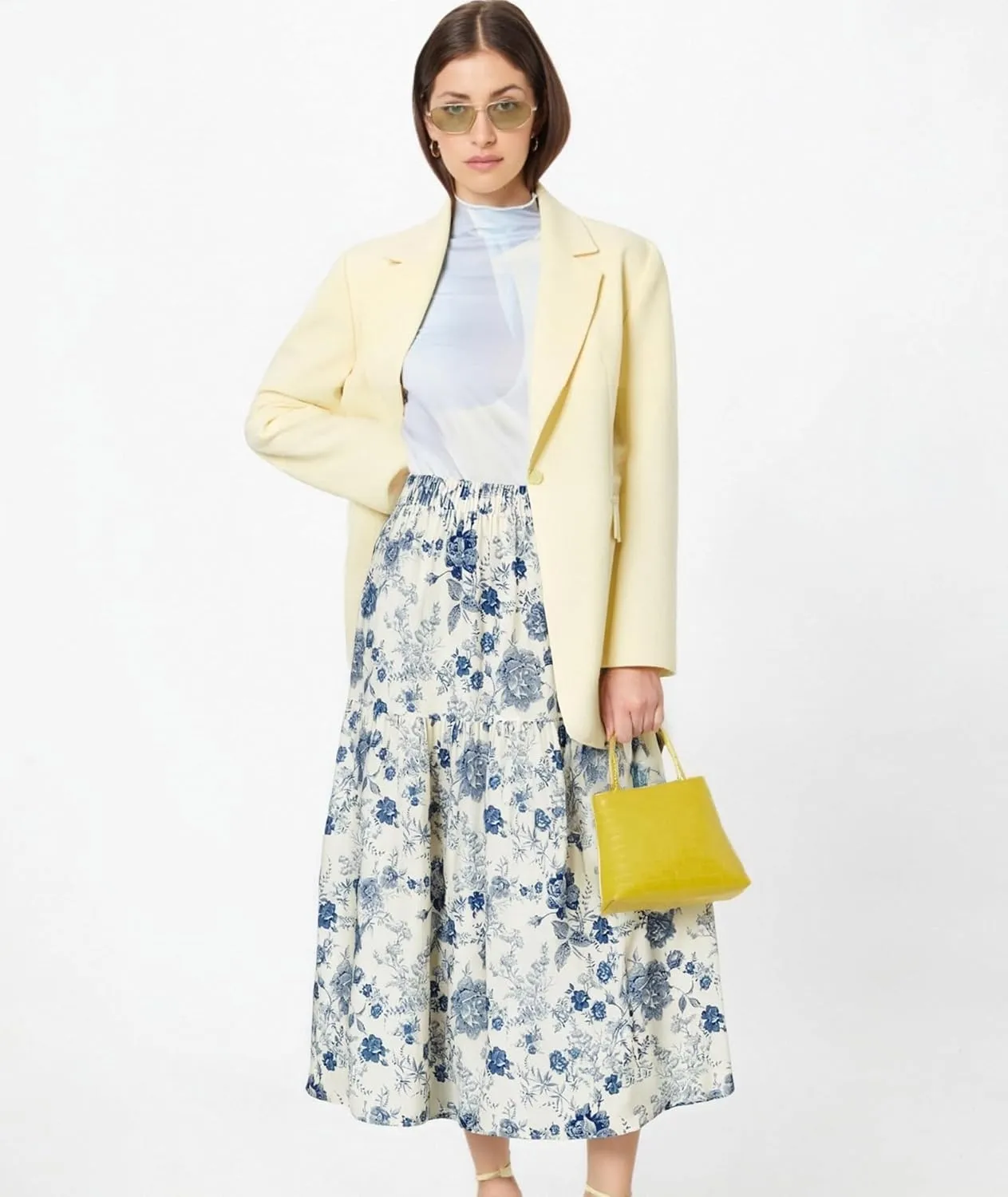 Women's Floral Skirts Casual Elastic High Waisted A Line Pleated Midi Length Skirts