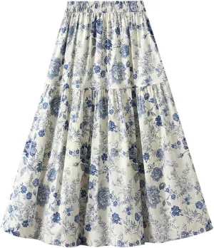 Women's Floral Skirts Casual Elastic High Waisted A Line Pleated Midi Length Skirts