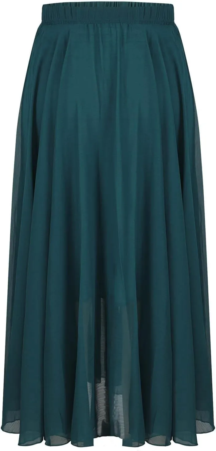 Womens Flowy Chiffon Maxi Skirts Summer Elastic High Waisted Layered Beach Skorts Solid Color Fashion Elegant Skirt