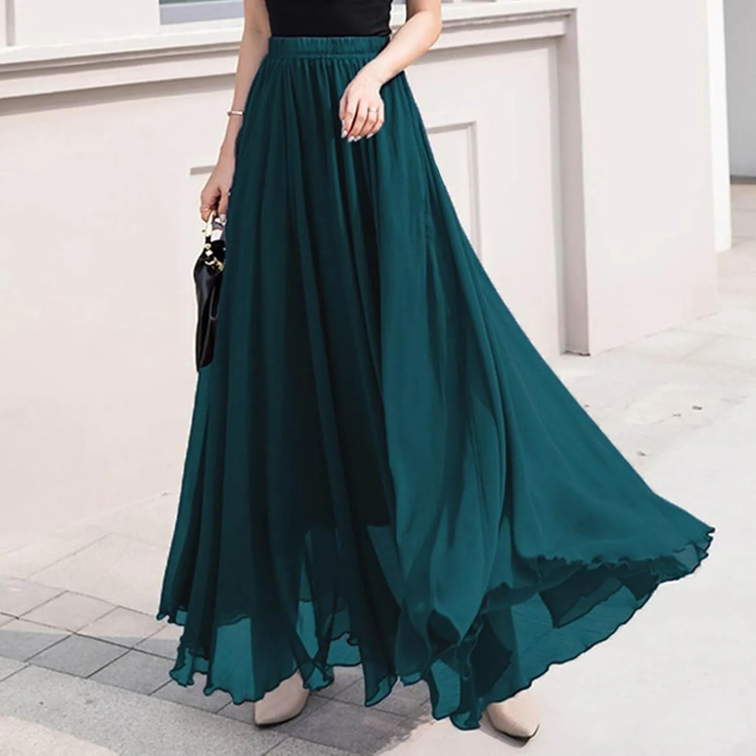 Womens Flowy Chiffon Maxi Skirts Summer Elastic High Waisted Layered Beach Skorts Solid Color Fashion Elegant Skirt