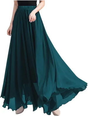 Womens Flowy Chiffon Maxi Skirts Summer Elastic High Waisted Layered Beach Skorts Solid Color Fashion Elegant Skirt