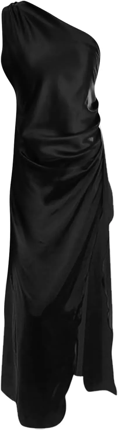 Women's Flowy Dresses Elegant Trendy Cold Shoulder Split Solid Color Bodycon Prom Party Cocktail Maxi Dress 2025, S-XL