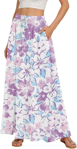 Women's Flowy Maxi Skirt Summer High Waisted Pleated tie Casual Long Skirts with Pockets, S-2XL