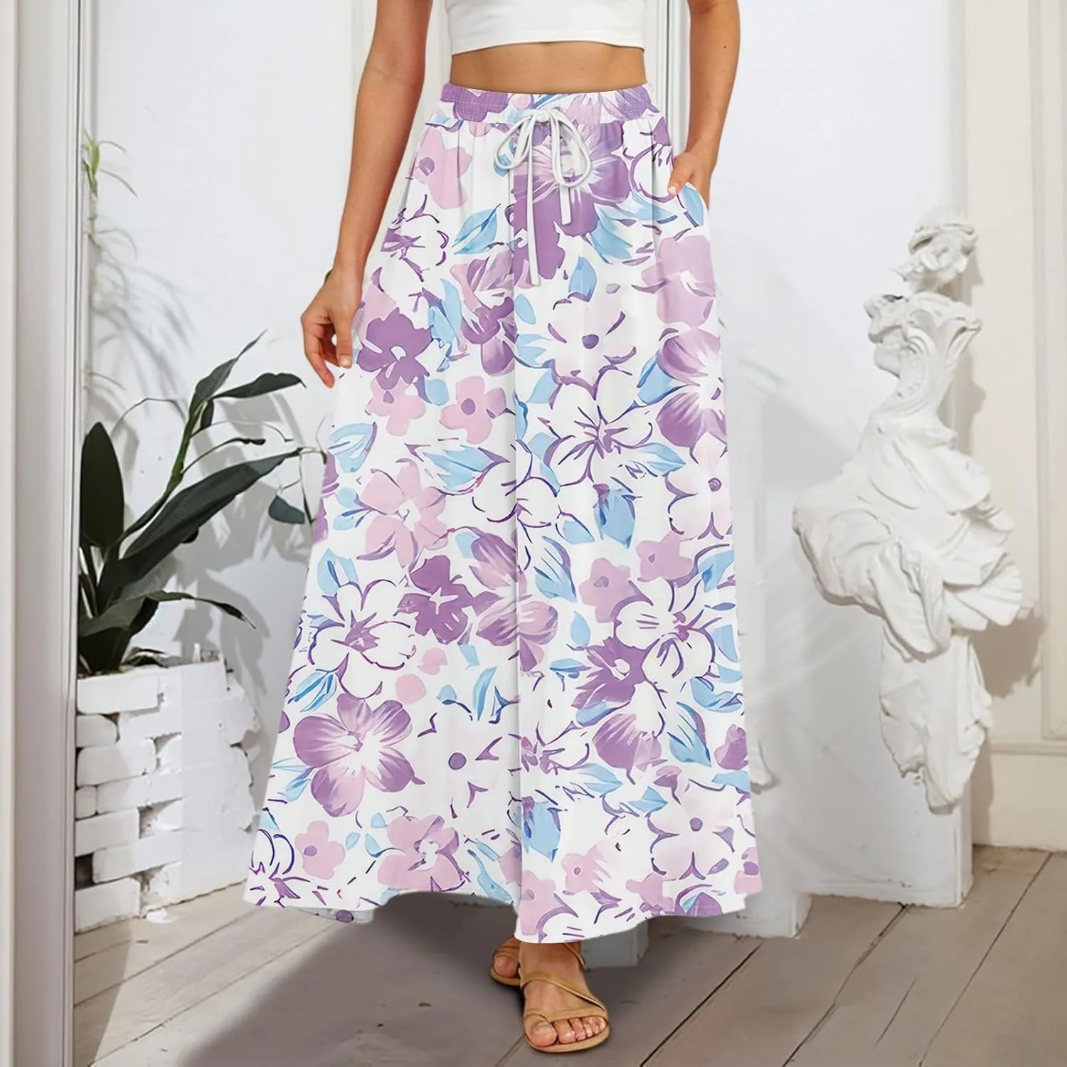 Women's Flowy Maxi Skirt Summer High Waisted Pleated tie Casual Long Skirts with Pockets, S-2XL