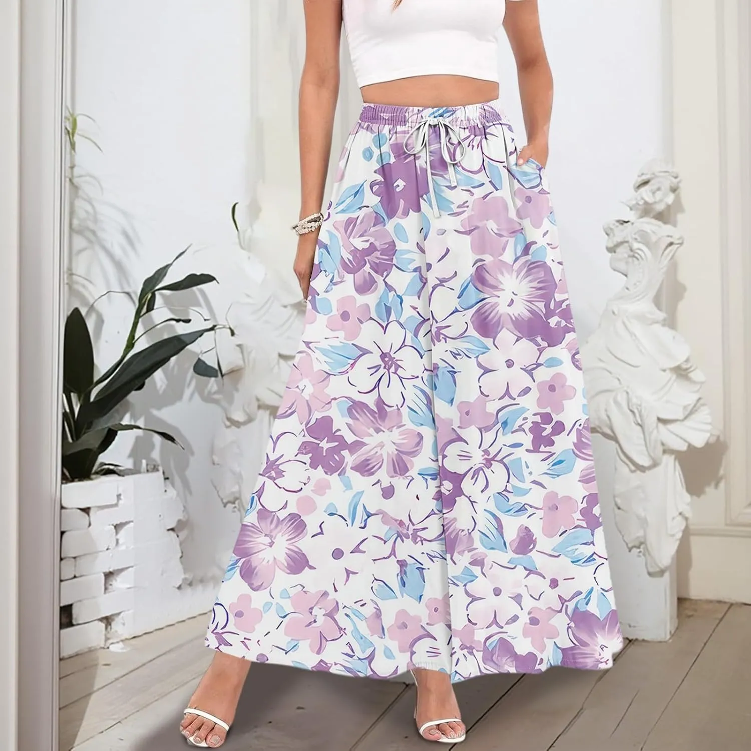 Women's Flowy Maxi Skirt Summer High Waisted Pleated tie Casual Long Skirts with Pockets, S-2XL
