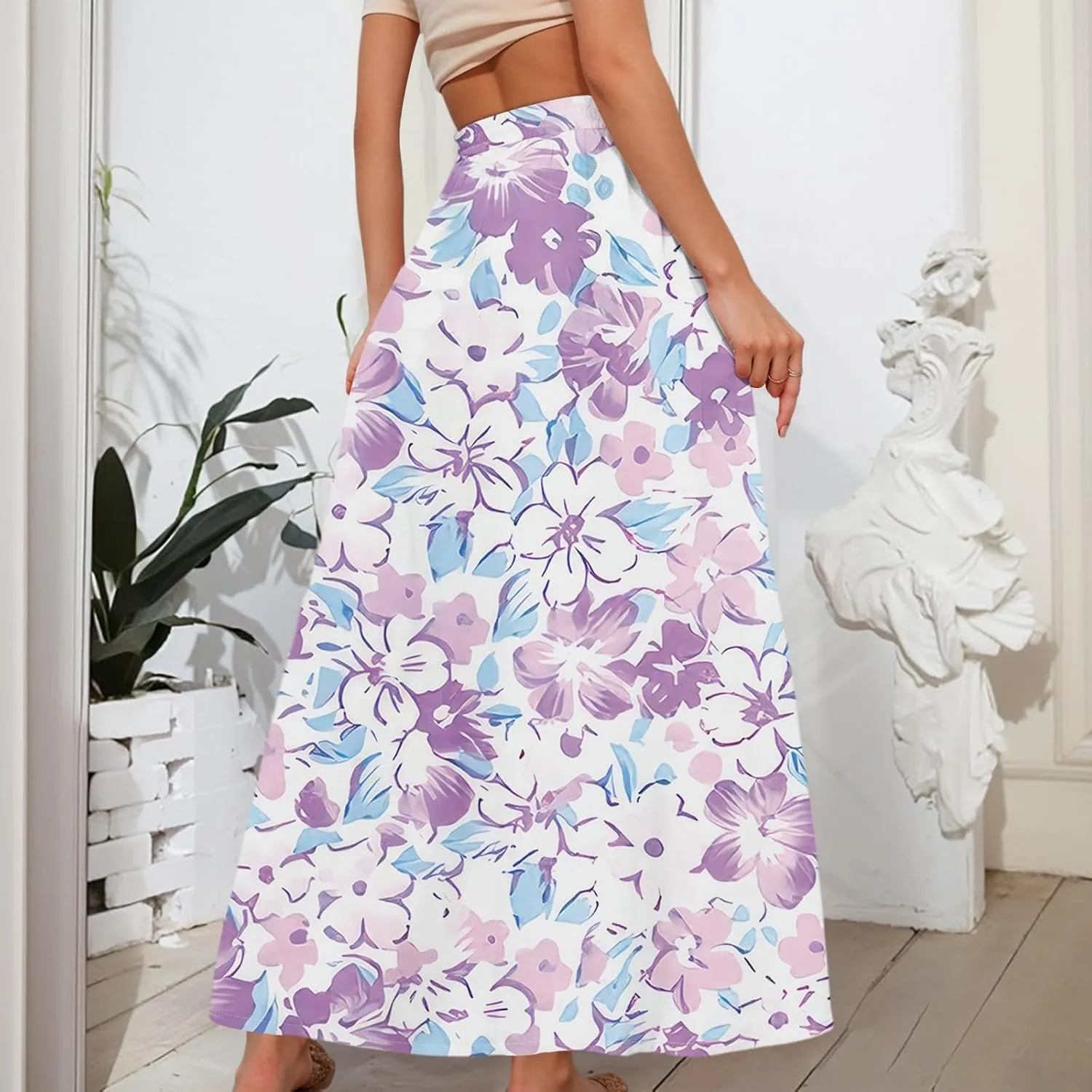 Women's Flowy Maxi Skirt Summer High Waisted Pleated tie Casual Long Skirts with Pockets, S-2XL