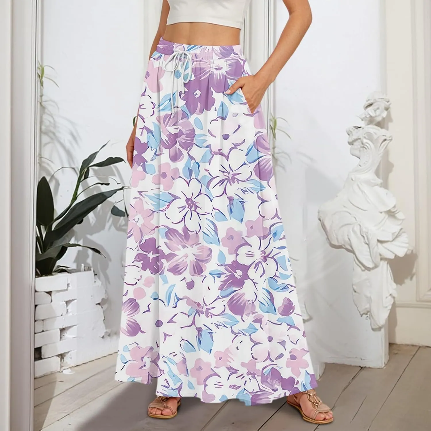 Women's Flowy Maxi Skirt Summer High Waisted Pleated tie Casual Long Skirts with Pockets, S-2XL