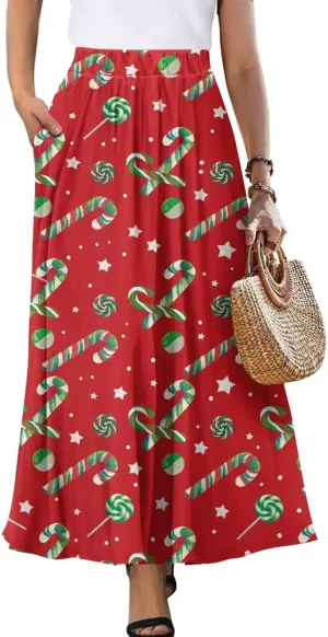 Womens Flowy Maxi Skirts Pleated Elastic High Waist Casual Long Skirts Flared Swing A-Line Skirts with Pockets