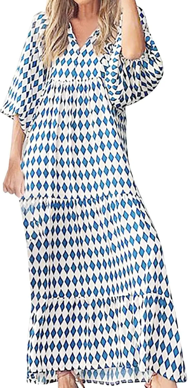 Womens Flowy Oversized Baggy Boho Floral Maxi Dresses V Neck Puff Sleeve Long Dress Casual Swing Sundress
