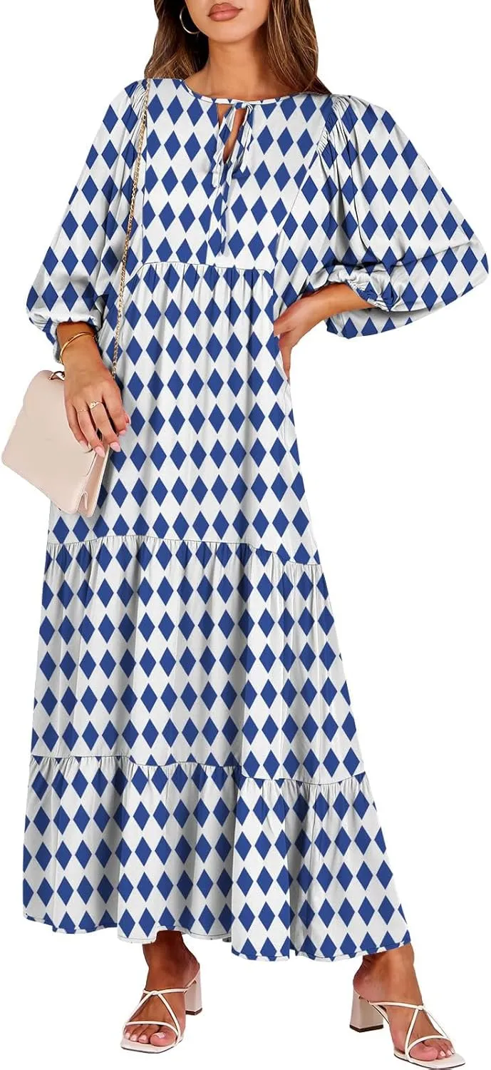 Womens Flowy Oversized Baggy Boho Floral Maxi Dresses V Neck Puff Sleeve Long Dress Casual Swing Sundress