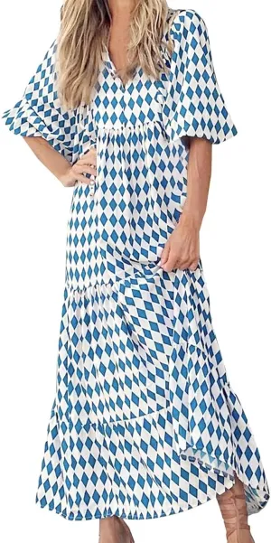 Womens Flowy Oversized Baggy Boho Floral Maxi Dresses V Neck Puff Sleeve Long Dress Casual Swing Sundress