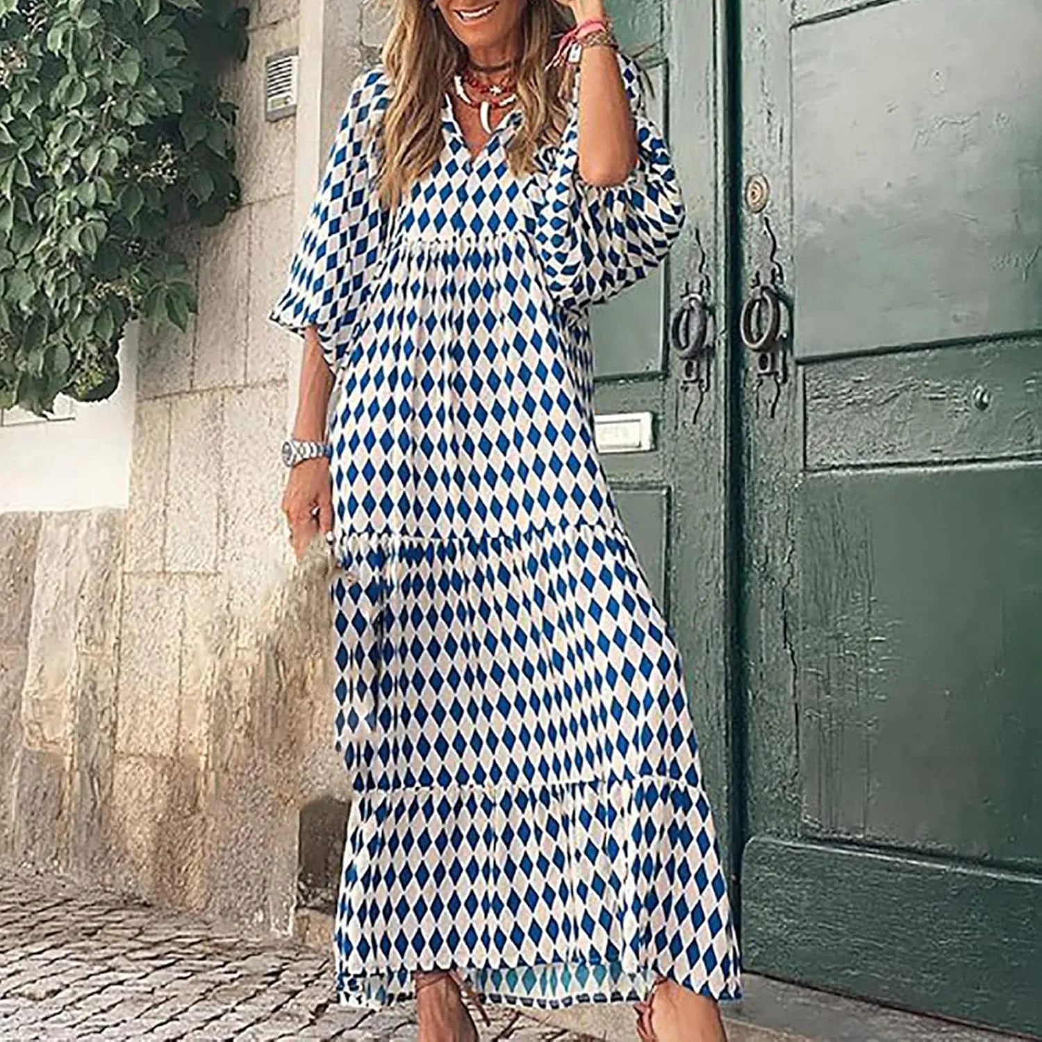 Womens Flowy Oversized Baggy Boho Floral Maxi Dresses V Neck Puff Sleeve Long Dress Casual Swing Sundress