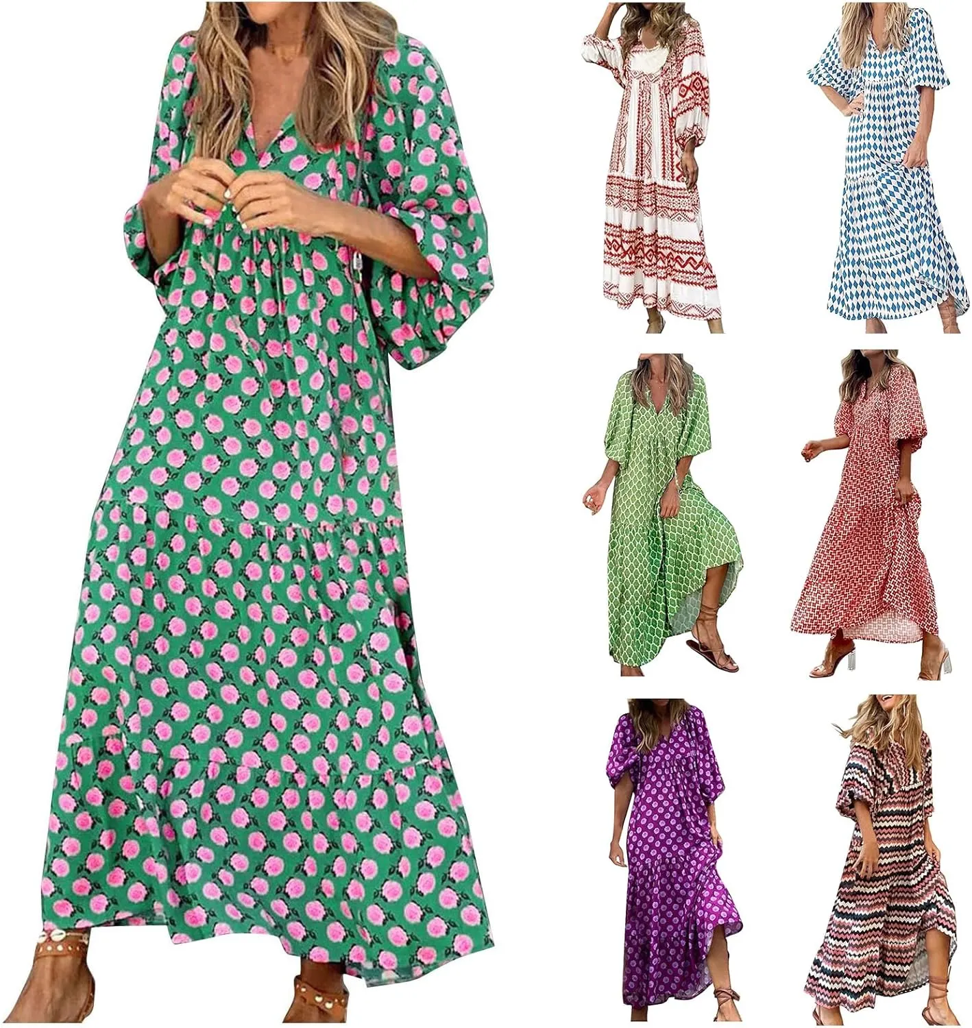 Womens Flowy Oversized Baggy Boho Floral Maxi Dresses V Neck Puff Sleeve Long Dress Casual Swing Sundress