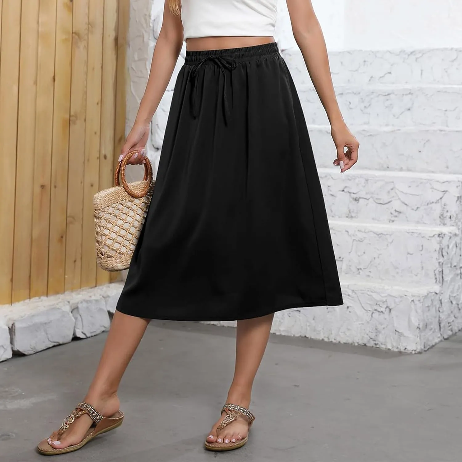 Women's Flowy Skirt Summer Casual Loose Trendy Elastic High Waist Floral Print Bohemian Sun Beach Maxi Skirts