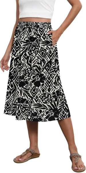 Women's Flowy Skirt Summer Casual Loose Trendy Elastic High Waist Floral Print Bohemian Sun Beach Maxi Skirts