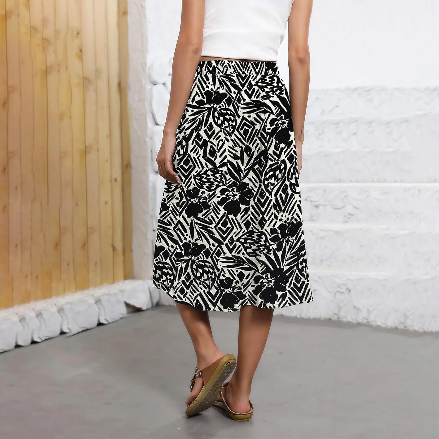 Women's Flowy Skirt Summer Casual Loose Trendy Elastic High Waist Floral Print Bohemian Sun Beach Maxi Skirts