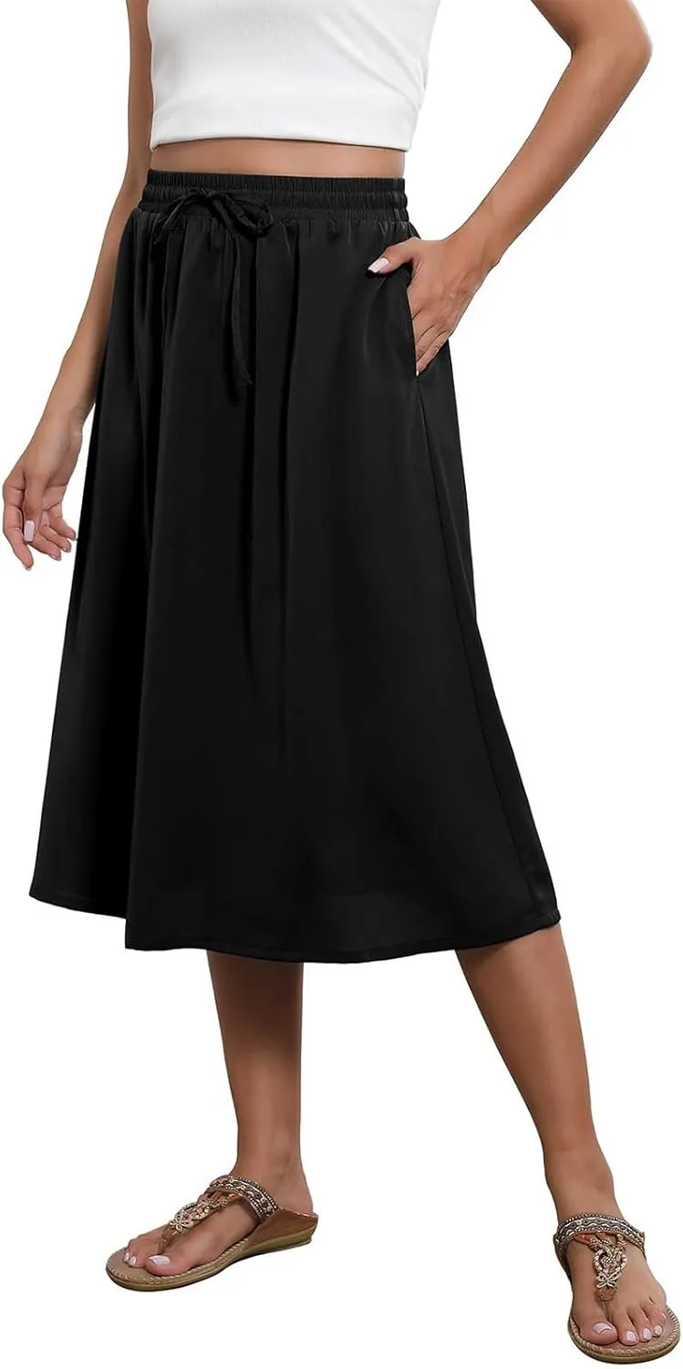 Women's Flowy Skirt Summer Casual Loose Trendy Elastic High Waist Floral Print Bohemian Sun Beach Maxi Skirts