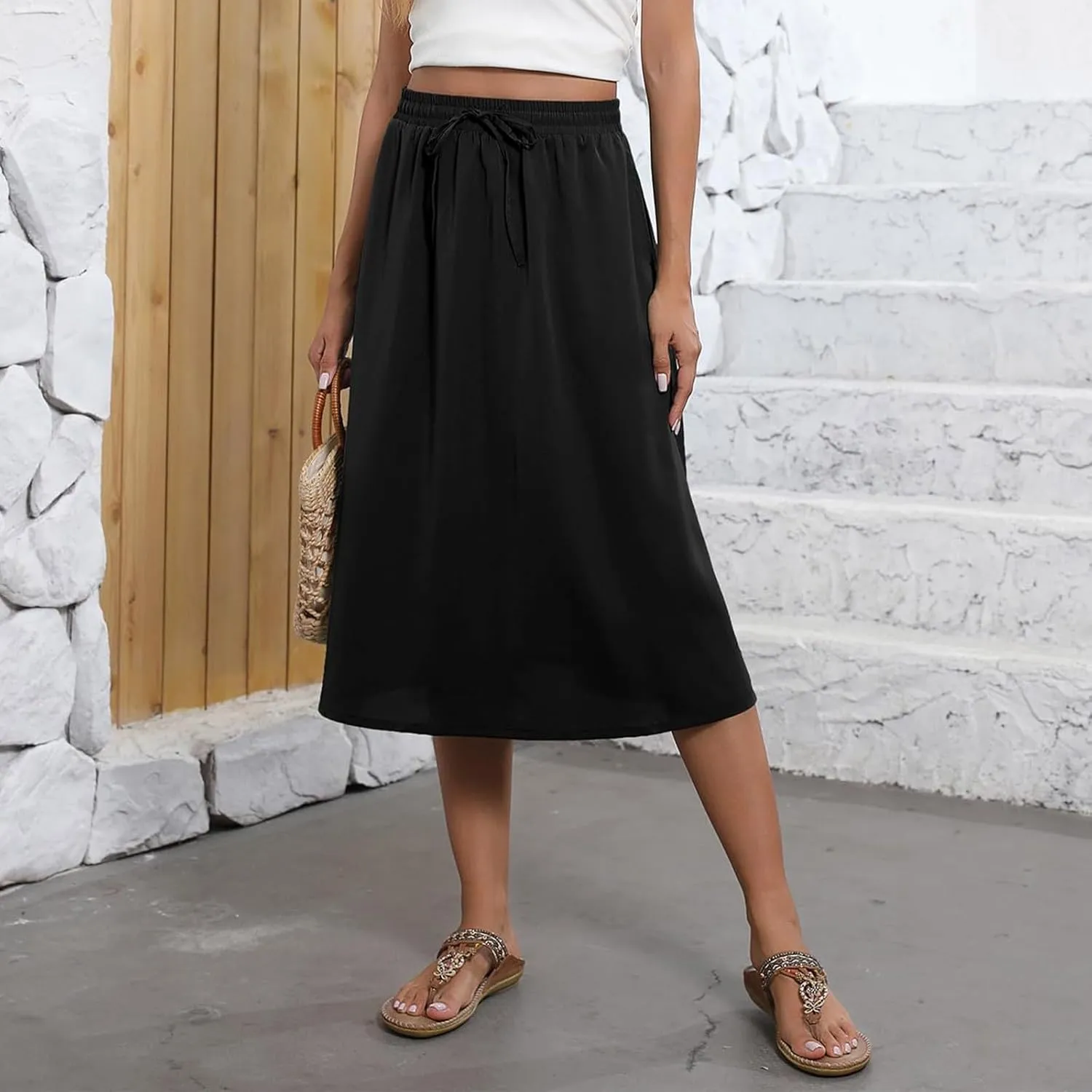 Women's Flowy Skirt Summer Casual Loose Trendy Elastic High Waist Floral Print Bohemian Sun Beach Maxi Skirts